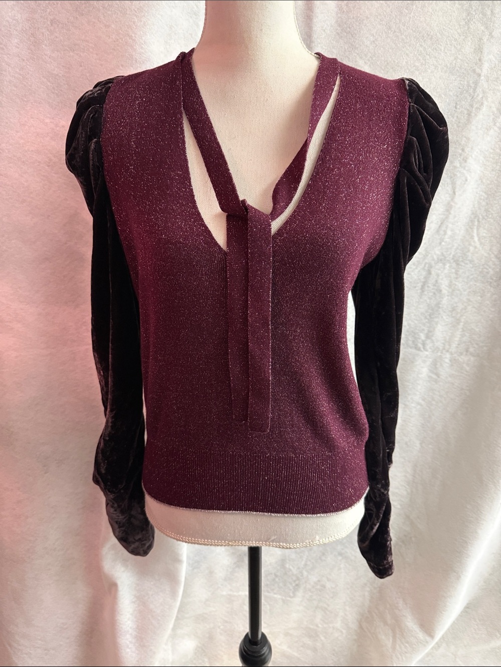 Free People Burgundy Metallic Knit Velvet Puff Sleeve Top Medium